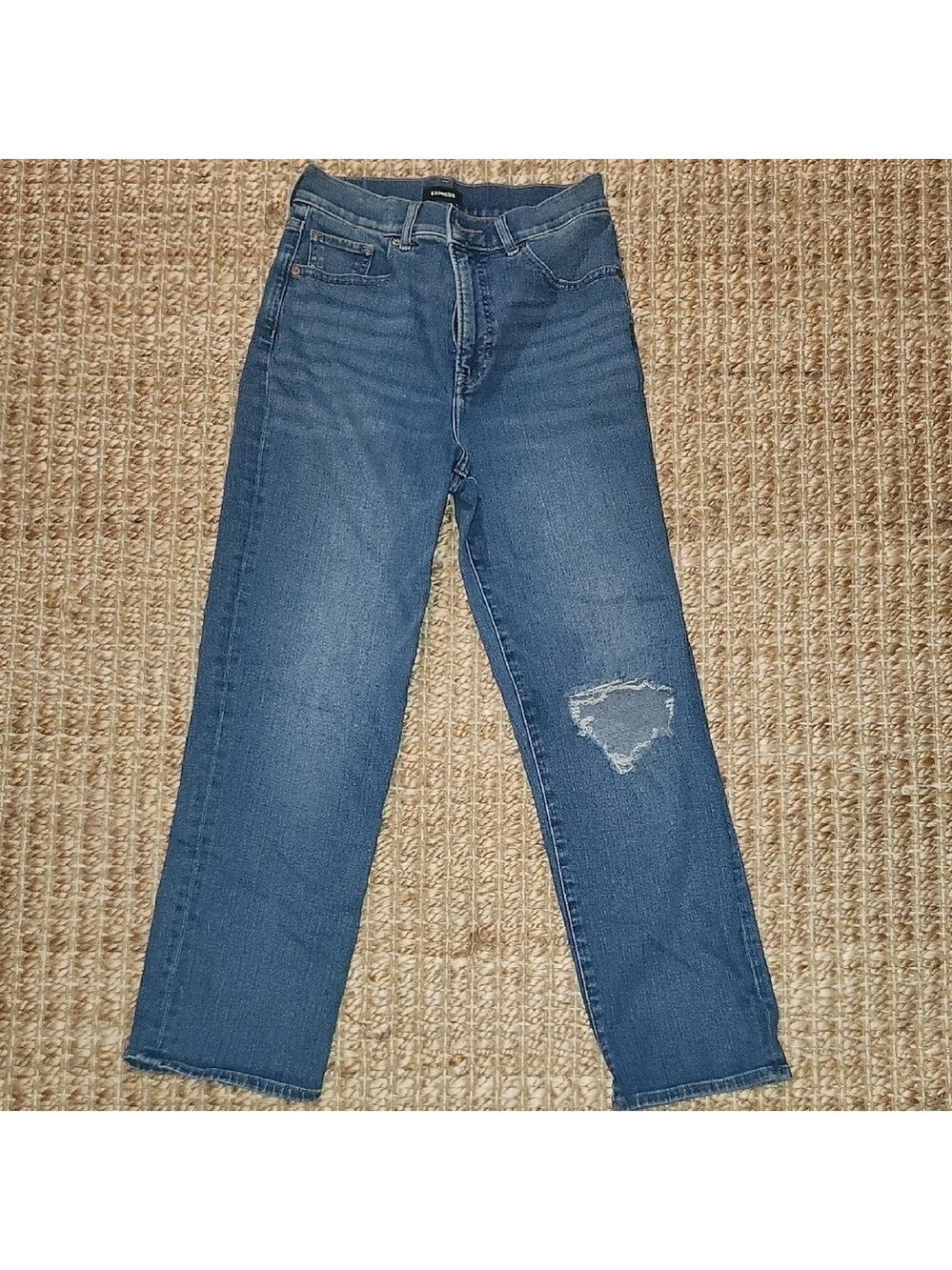 Express Blue Straight Leg Jeans with Distressed Knee